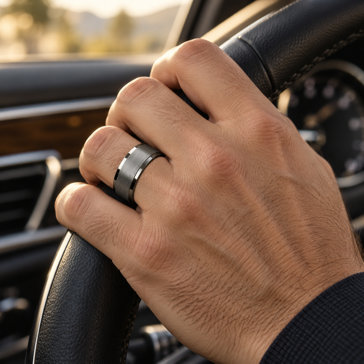 Lifestyle view of 10mm Tungsten Brushed Beveled-Edge Band worn on hand
