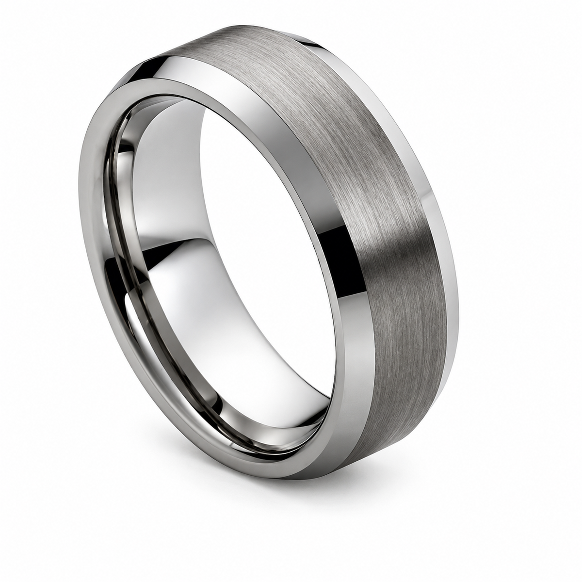 10mm brushed tungsten band with polished beveled edges on white background
