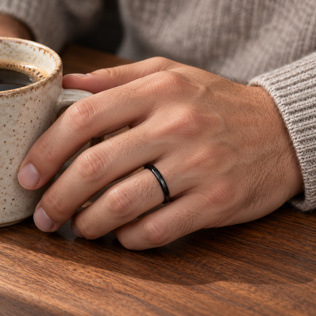 Lifestyle view of 2mm Black Tungsten High-Polish Band worn on hand