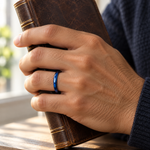 Lifestyle view of 2mm Blue Tungsten worn on hand