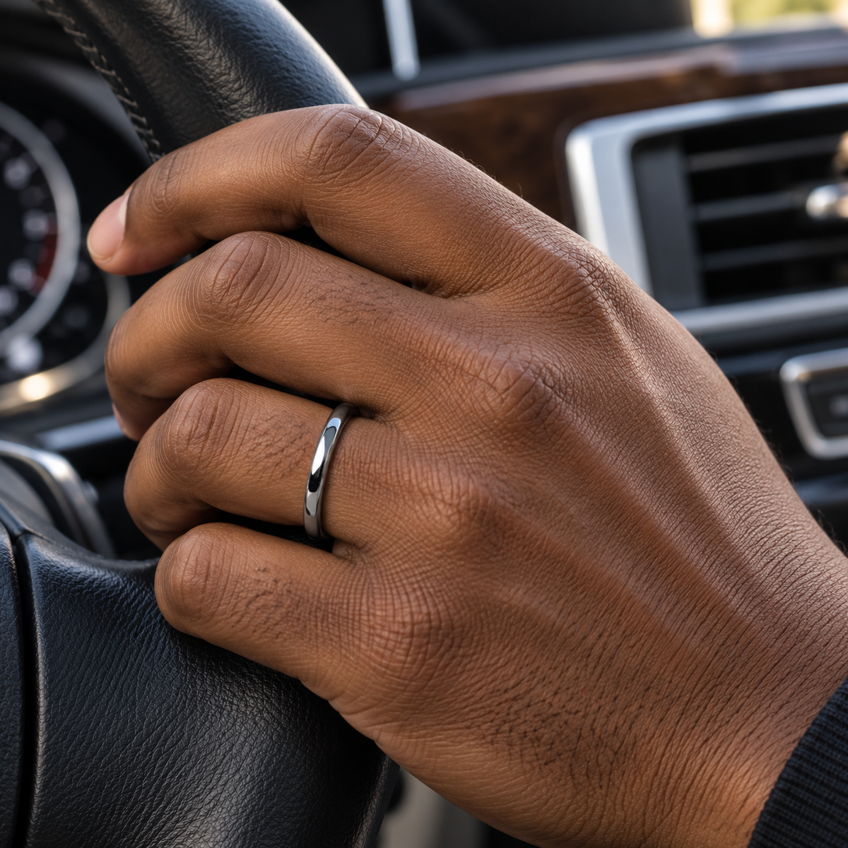 Lifestyle view of 2mm Tungsten High-Polish Band worn on hand