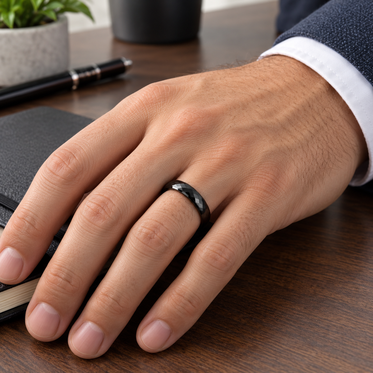 Lifestyle view of 4mm Black Tungsten High-Polish Faceted Domed Band worn on hand