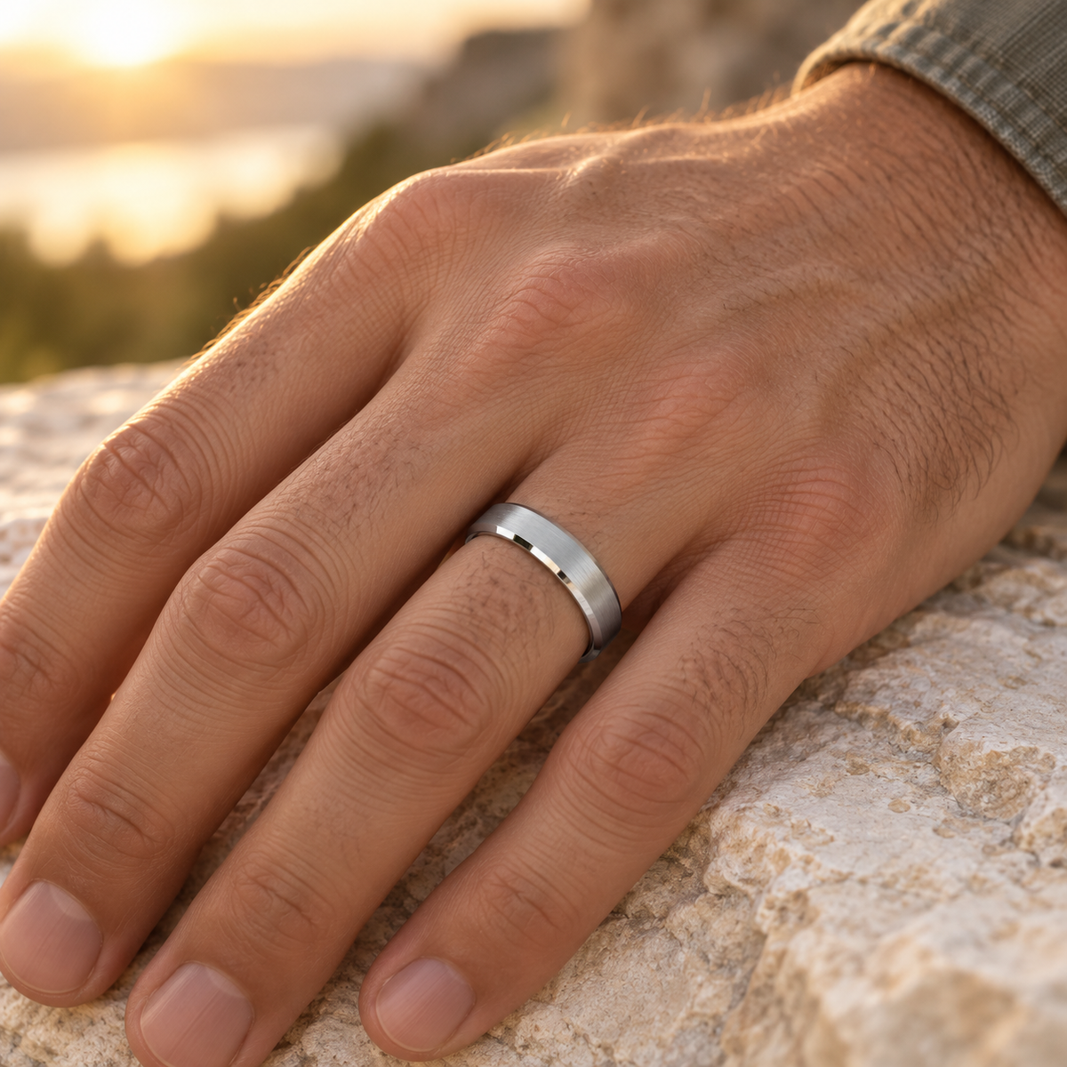 Lifestyle view of 4mm Tungsten Brushed Beveled-Edge Band worn on hand