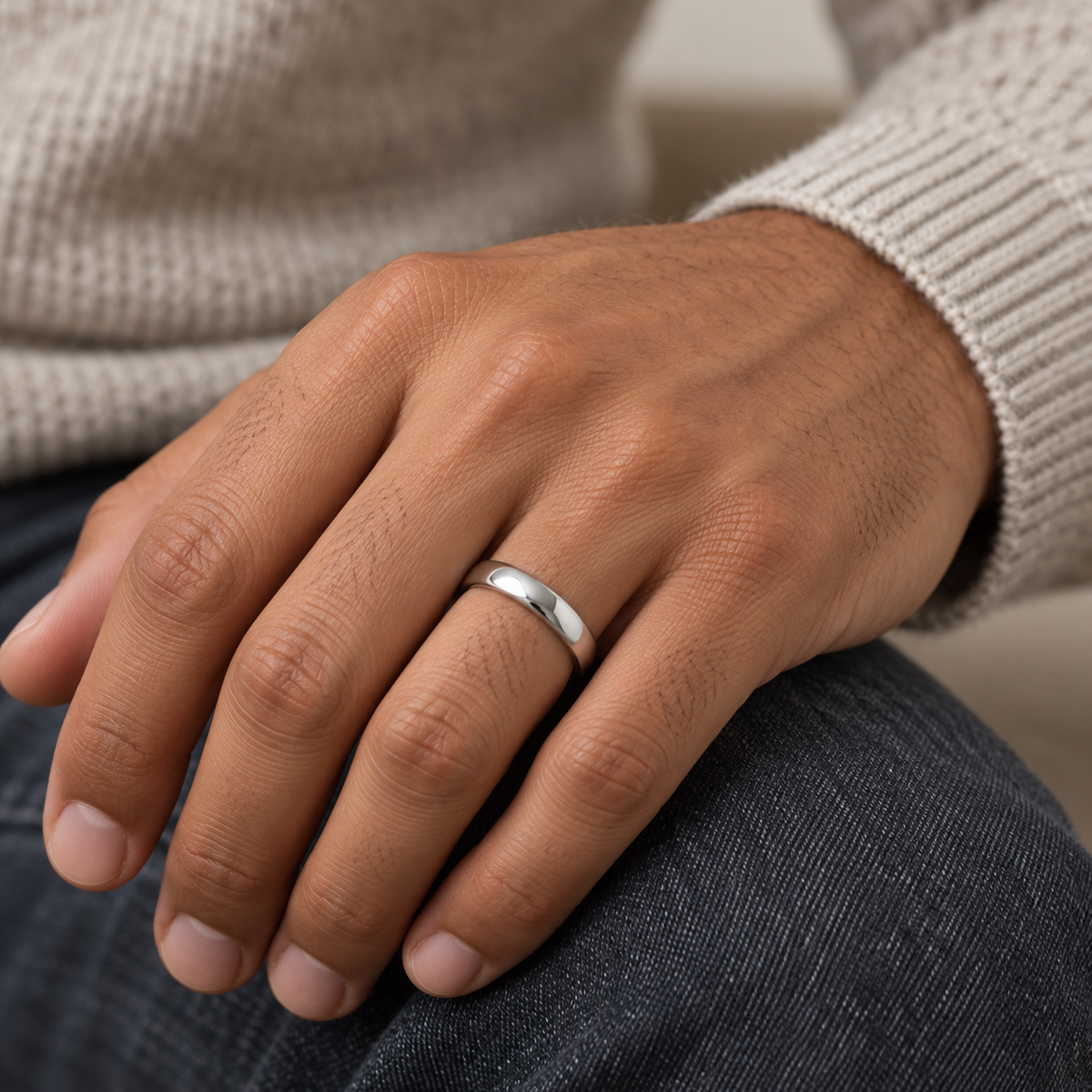 Lifestyle view of 4mm Tungsten High-Polish Domed Band worn on hand