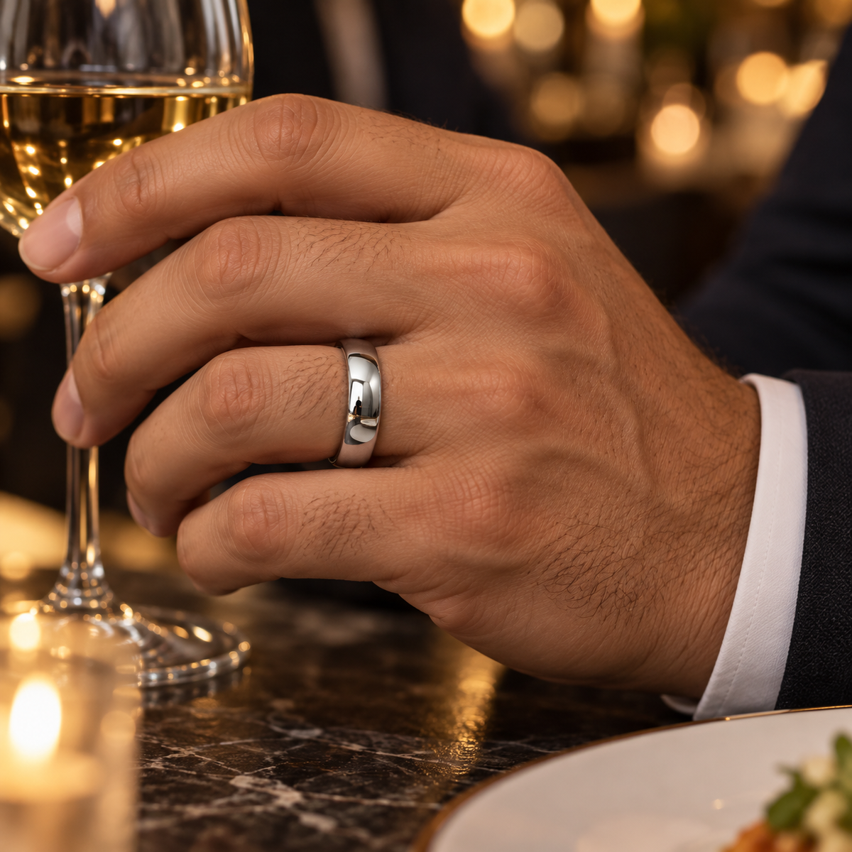 Lifestyle view of 5.5mm Tungsten High-Polish Domed Band worn on hand