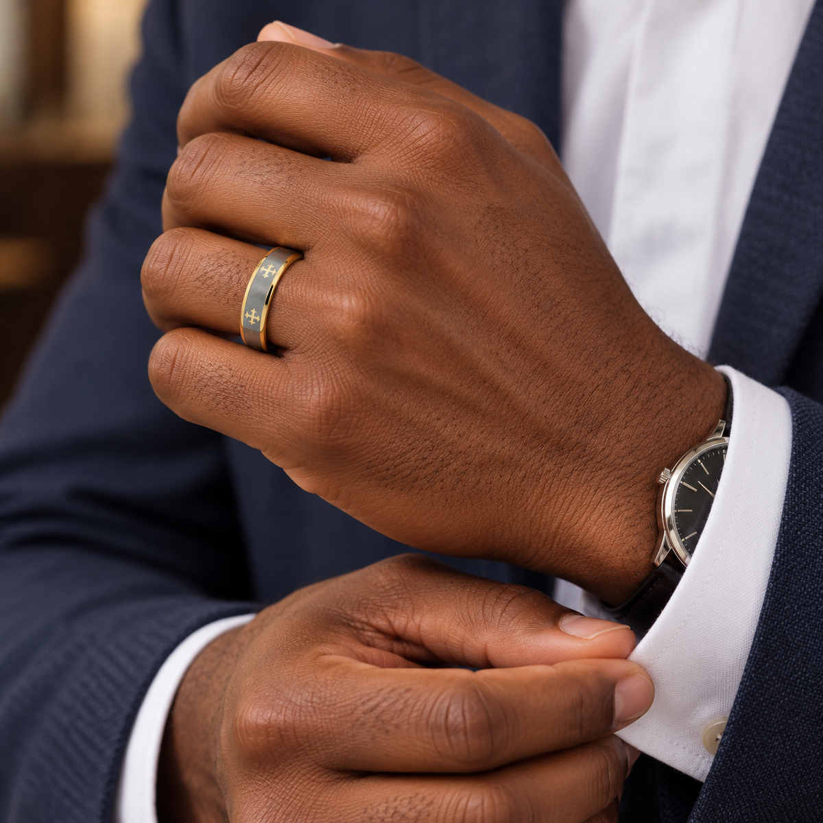 Lifestyle view of 5mm Yellow Tungsten Engraved Cross Band worn on hand
