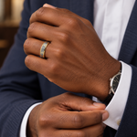 Lifestyle view of 5mm Yellow Tungsten Engraved Cross Band worn on hand