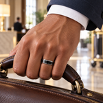 Lifestyle view of 6mm Black Tungsten Band with White Beveled Edges worn on hand