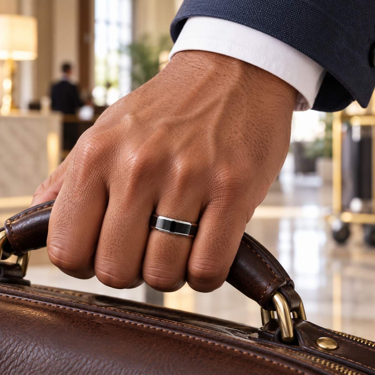 Lifestyle view of 6mm Black Tungsten Band with White Beveled Edges worn on hand