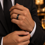 Lifestyle view of 6mm Black Tungsten Brushed Beveled Band worn on hand