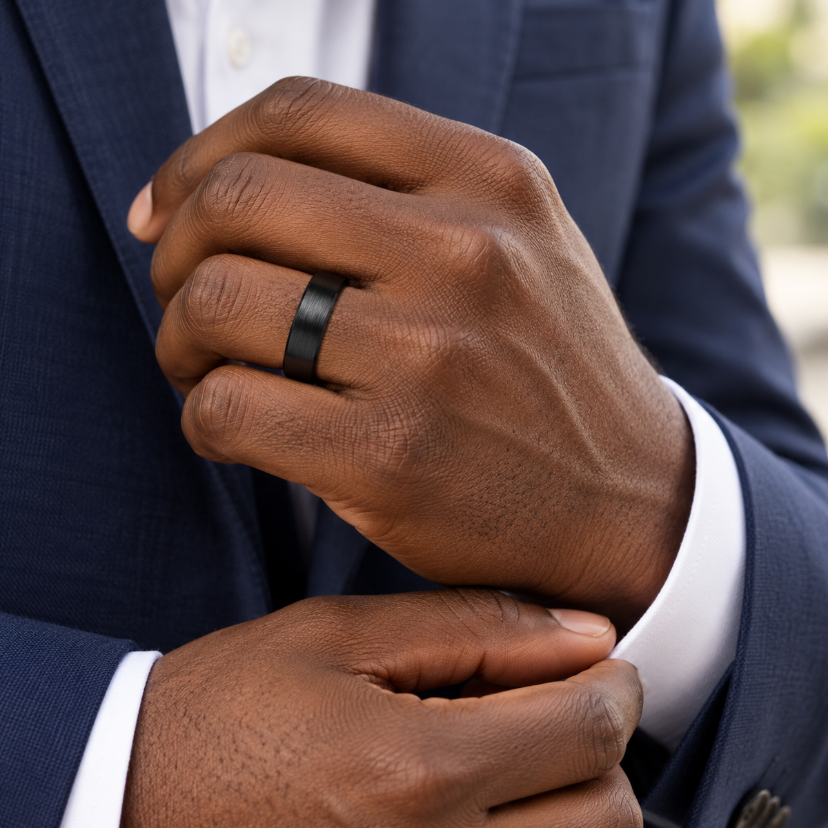 Lifestyle view of 6mm Black Tungsten Brushed Domed Band worn on hand
