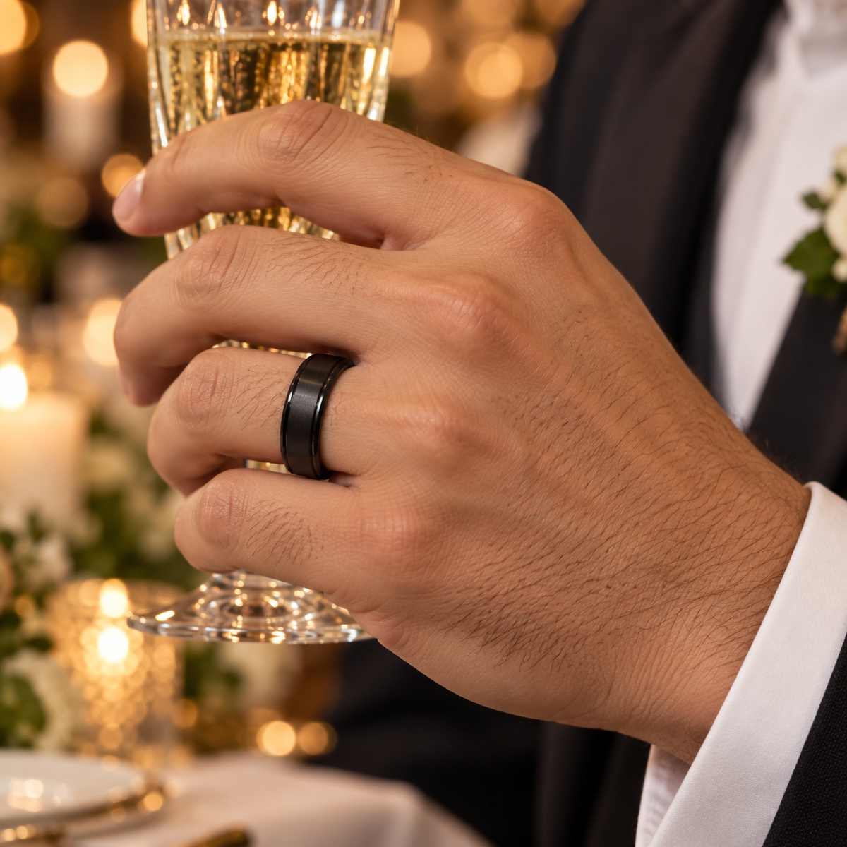 Lifestyle view of 6mm Black Tungsten Brushed Stepped-Edge Band worn on hand