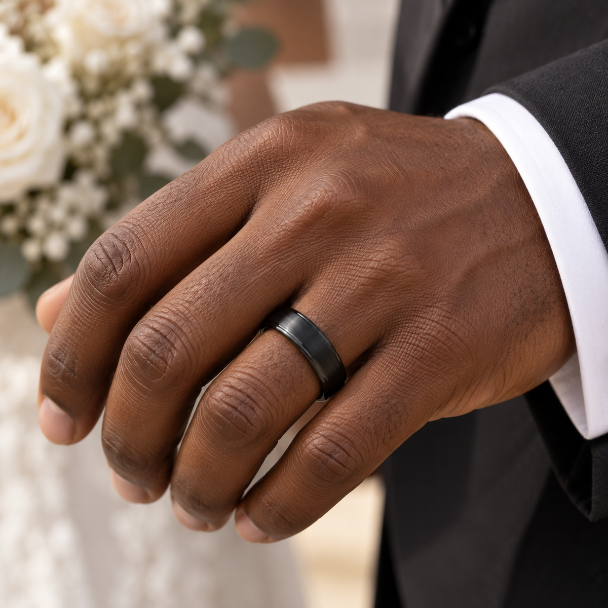 Lifestyle view of 6mm Black Tungsten Domed Brushed Band worn on hand