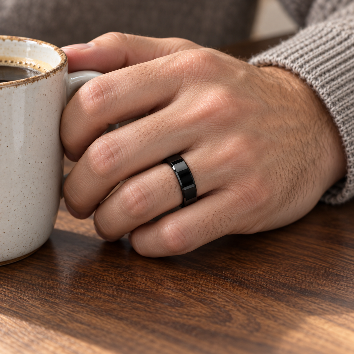 Lifestyle view of 6mm Black Tungsten High-Polish Beveled Band worn on hand