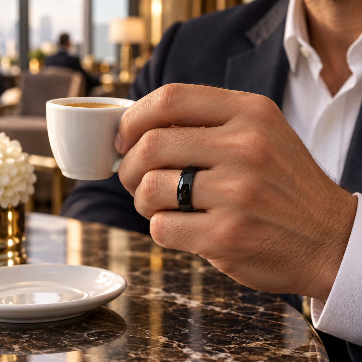 Lifestyle view of 6mm Black Tungsten High-Polish Domed Band worn on hand