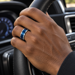 Lifestyle view of 6mm Blue Tungsten Brushed Beveled-Edge Band worn on hand