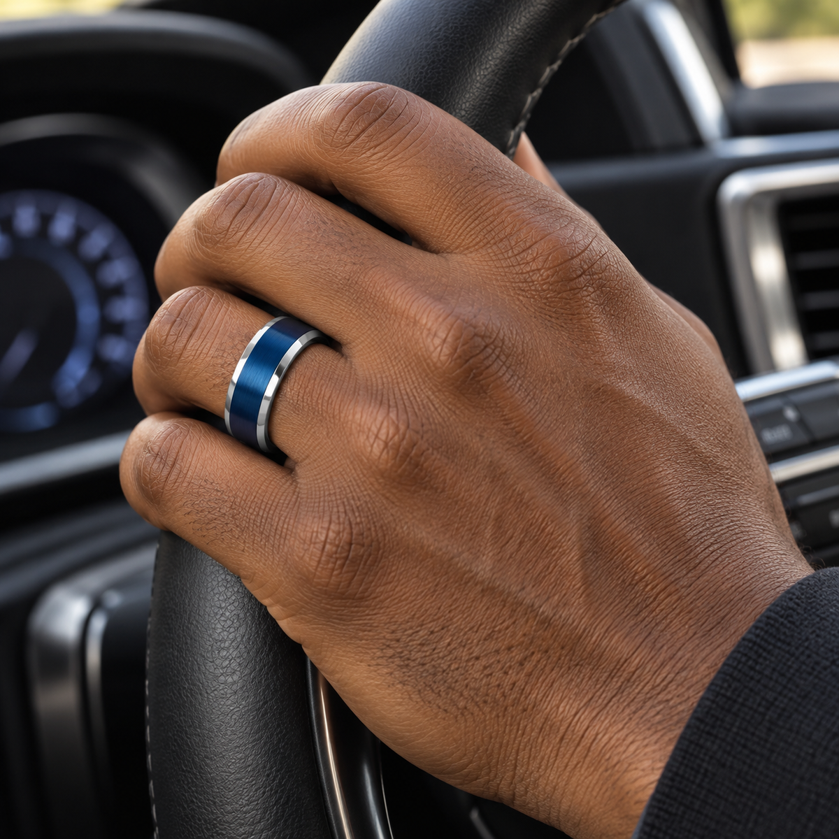 Lifestyle view of 6mm Blue Tungsten Brushed Beveled-Edge Band worn on hand