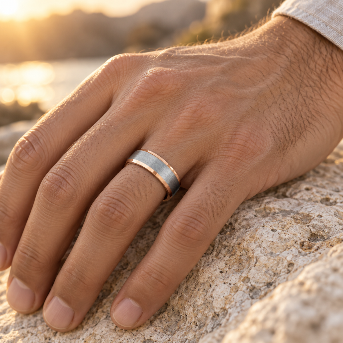 Lifestyle view of 6mm Rose & Silver Tungsten Beveled Band worn on hand