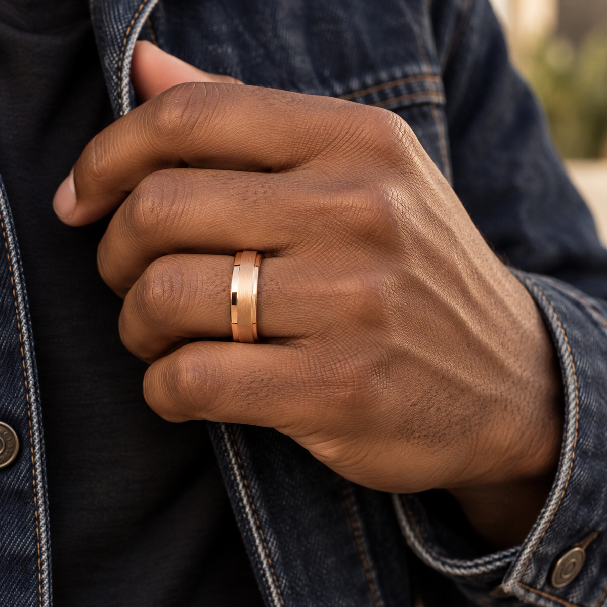 Lifestyle view of 6mm Rose Tungsten Brushed Stepped-Edge Band worn on hand