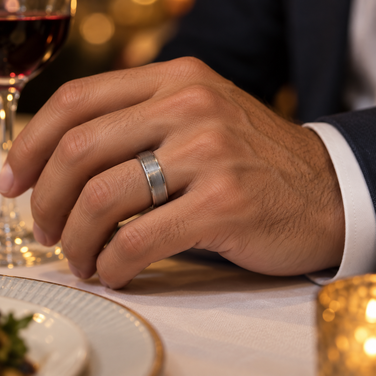 Lifestyle view of 6mm Tungsten Band with Brushed Center & Polished Edges worn on hand