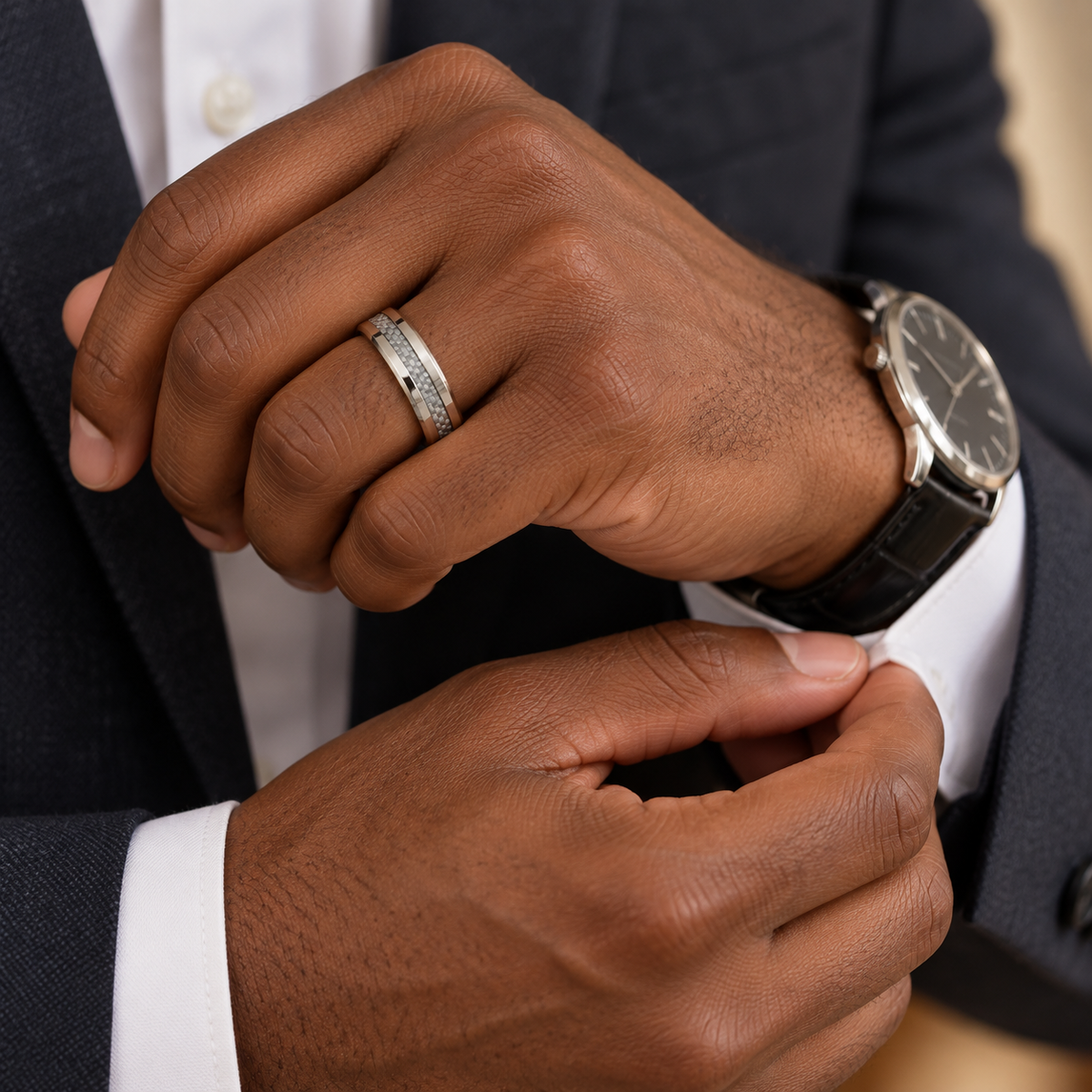 Lifestyle view of 6mm Tungsten Band with Gray Carbon Fiber Inlay worn on hand