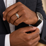 Lifestyle view of 6mm Tungsten Band with Gray Carbon Fiber Inlay worn on hand