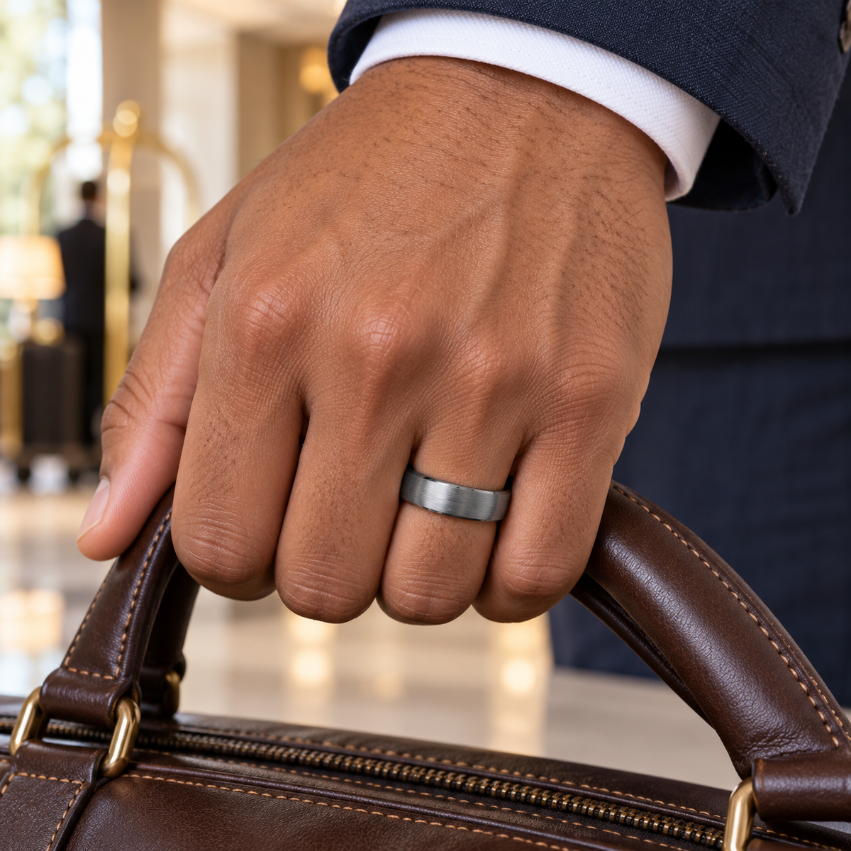 Lifestyle view of 6mm Tungsten Brushed Domed Band worn on hand