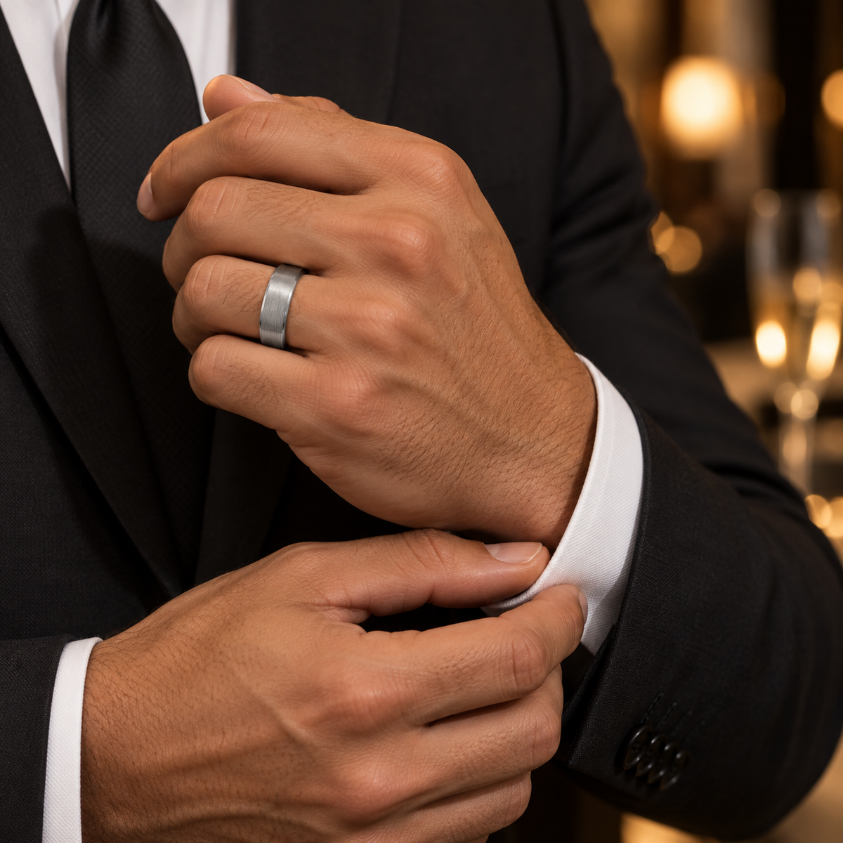Lifestyle view of 6mm Tungsten Brushed Flat Band worn on hand