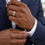 Lifestyle view of 6mm Tungsten Brushed Flat Center-Groove Band worn on hand