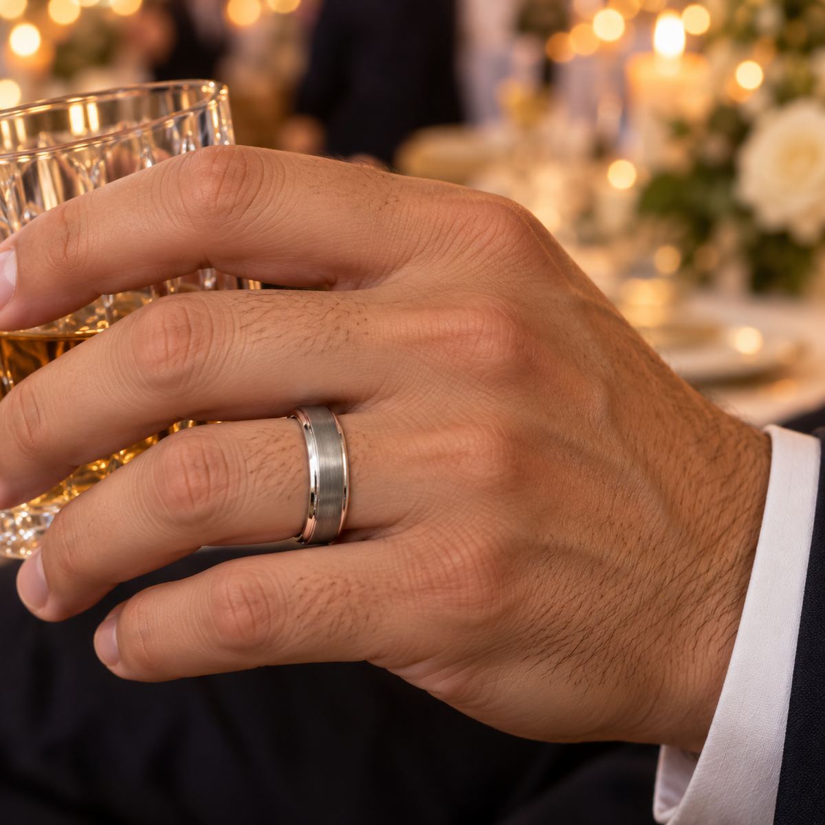 Lifestyle view of 6mm Tungsten Brushed Flat Stepped-Edge Band worn on hand