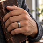 Lifestyle view of 6mm Tungsten Faceted Domed Stepped-Edge Band worn on hand