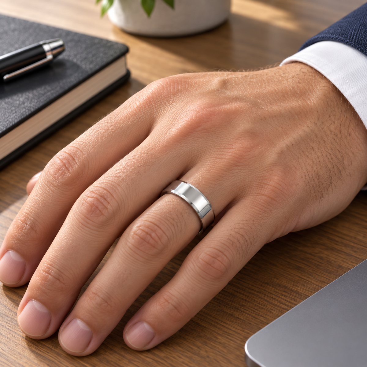 Lifestyle view of 6mm Tungsten High-Polish Beveled-Edge Band worn on hand