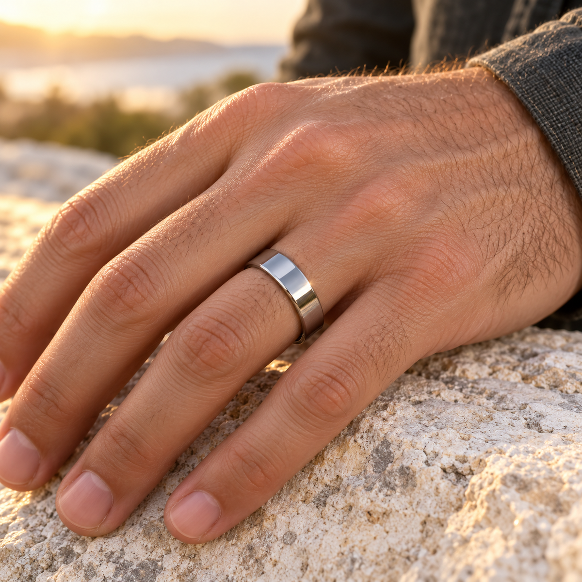 Lifestyle view of 6mm Tungsten High-Polish Flat Band worn on hand