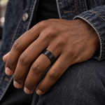 Lifestyle view of 7mm Black Tungsten Flat Brushed Band worn on hand