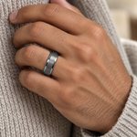 Lifestyle view of 7mm Tungsten Band with Brushed Center & Polished Steps worn on hand