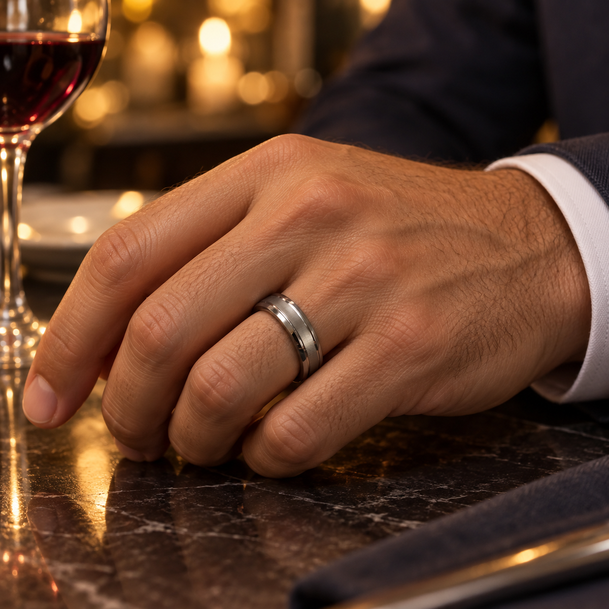 Lifestyle view of 7mm Tungsten Band with Polished Grooved Center worn on hand