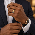 Lifestyle view of 7mm Tungsten Band with Yellow Center Groove worn on hand