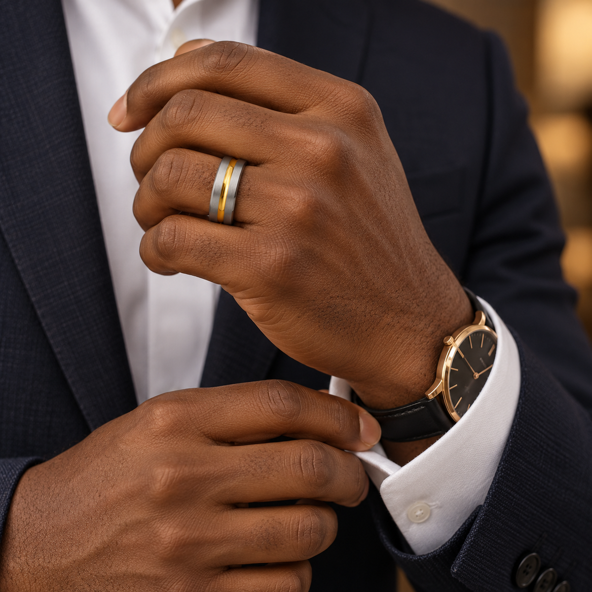 Lifestyle view of 7mm Tungsten Band with Yellow Center Groove worn on hand