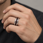 Lifestyle view of 7mm Tungsten Beveled Band with Red Carbon Fiber Inlay worn on hand