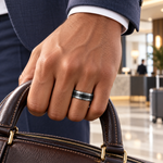 Lifestyle view of 7mm Tungsten Brushed Band with Black Carbon Fiber Inlay worn on hand