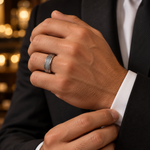 Lifestyle view of 7mm Tungsten Brushed Celtic Knot Band worn on hand