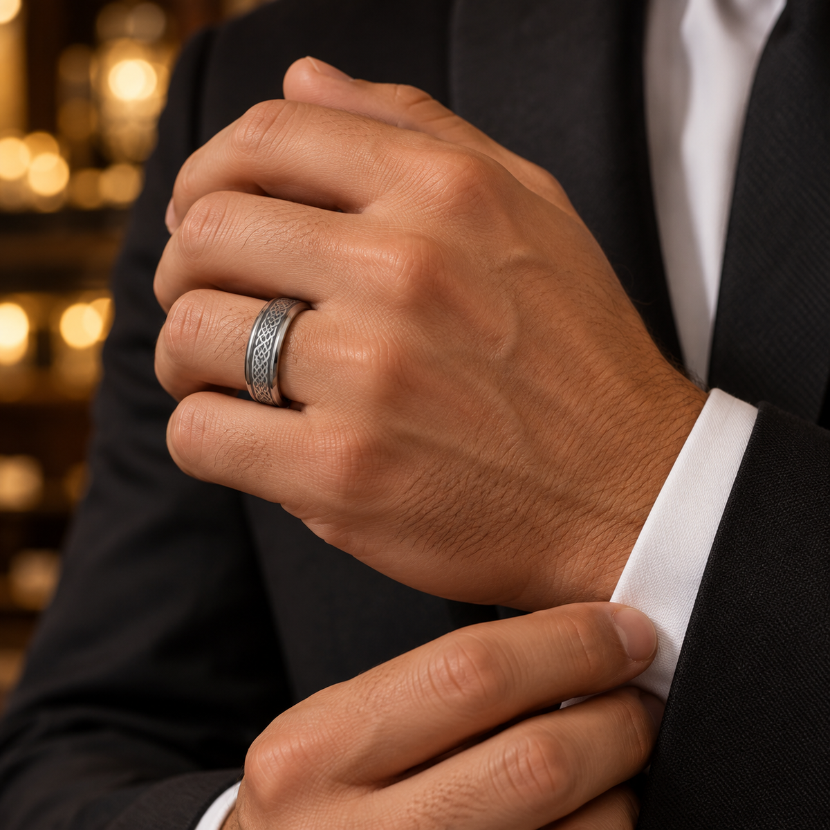 Lifestyle view of 7mm Tungsten Brushed Celtic Knot Band worn on hand