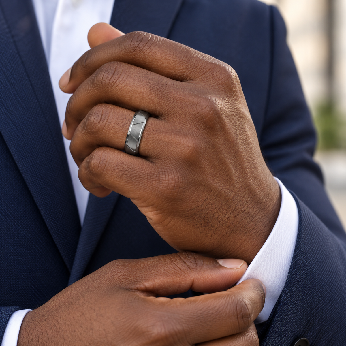 Lifestyle view of 7mm Tungsten Brushed Diagonal-Groove Band worn on hand