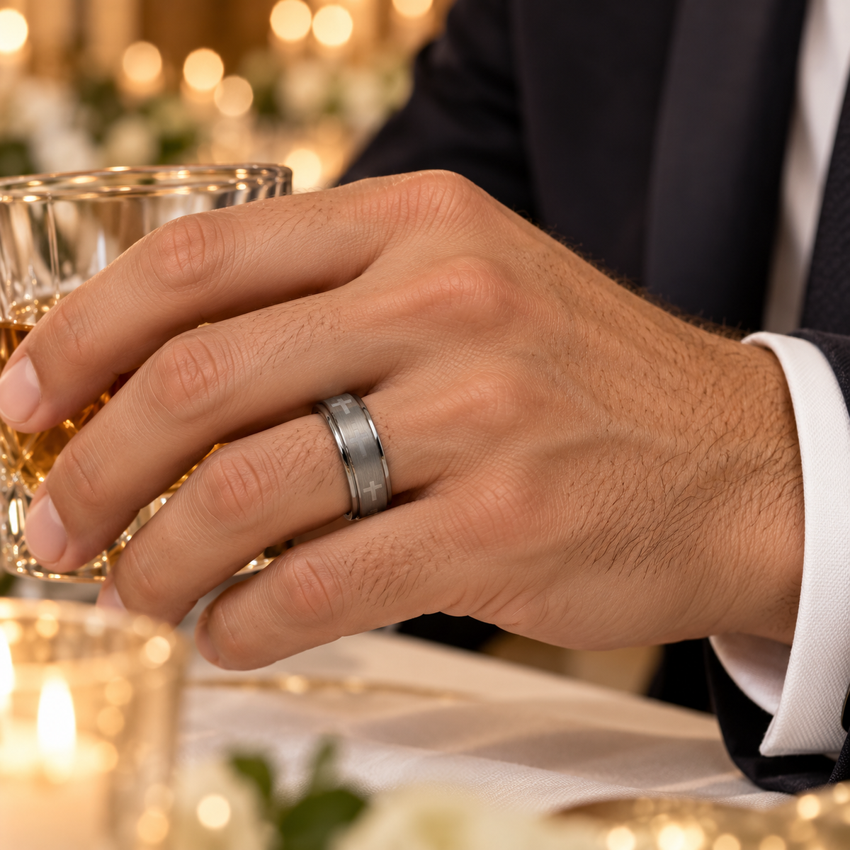 Lifestyle view of 7mm Tungsten Brushed Engraved Cross Band worn on hand