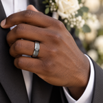 Lifestyle view of 7mm Tungsten Brushed Flat Cross Band worn on hand