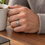 Lifestyle view of 7mm Tungsten Brushed Vertical-Groove Band worn on hand