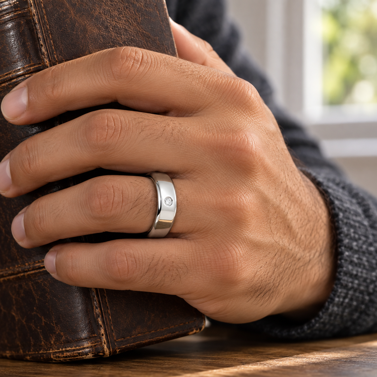 Lifestyle view of 7mm Tungsten Domed Band with White Diamond worn on hand