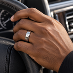 Lifestyle view of 7mm Tungsten High-Polish Domed Band worn on hand