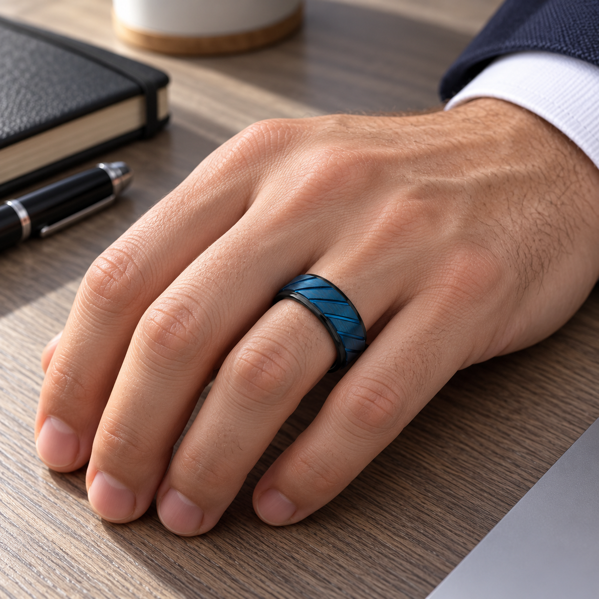 Lifestyle view of 8mm Black & Blue Tungsten Diagonal Groove Band worn on hand