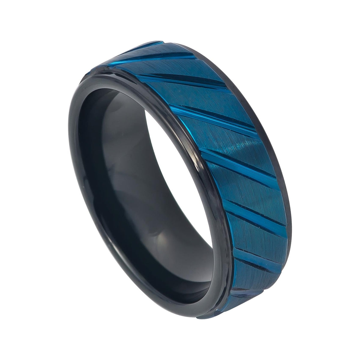 8mm Black & Blue Tungsten Diagonal Groove Band